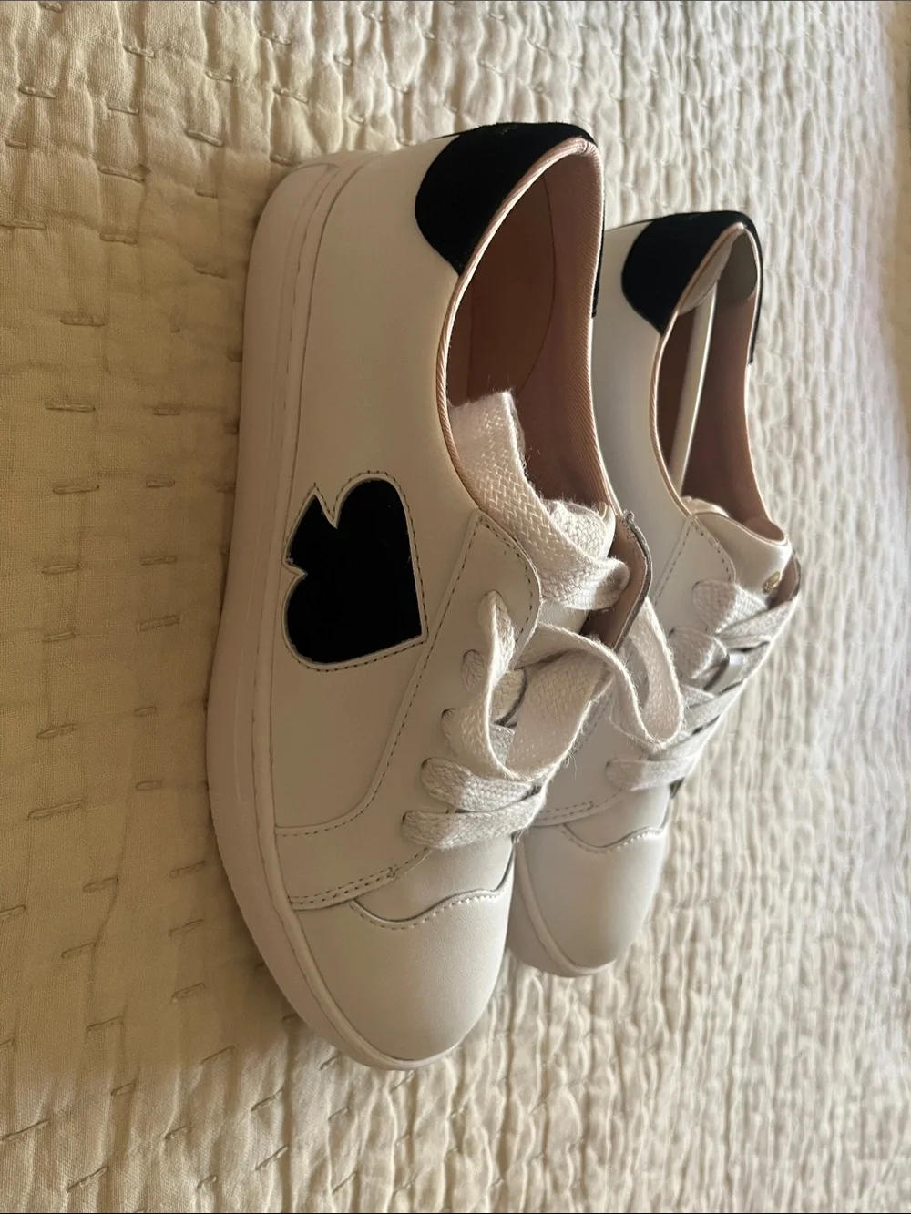 kate spade white leather sneakers with black heel detail